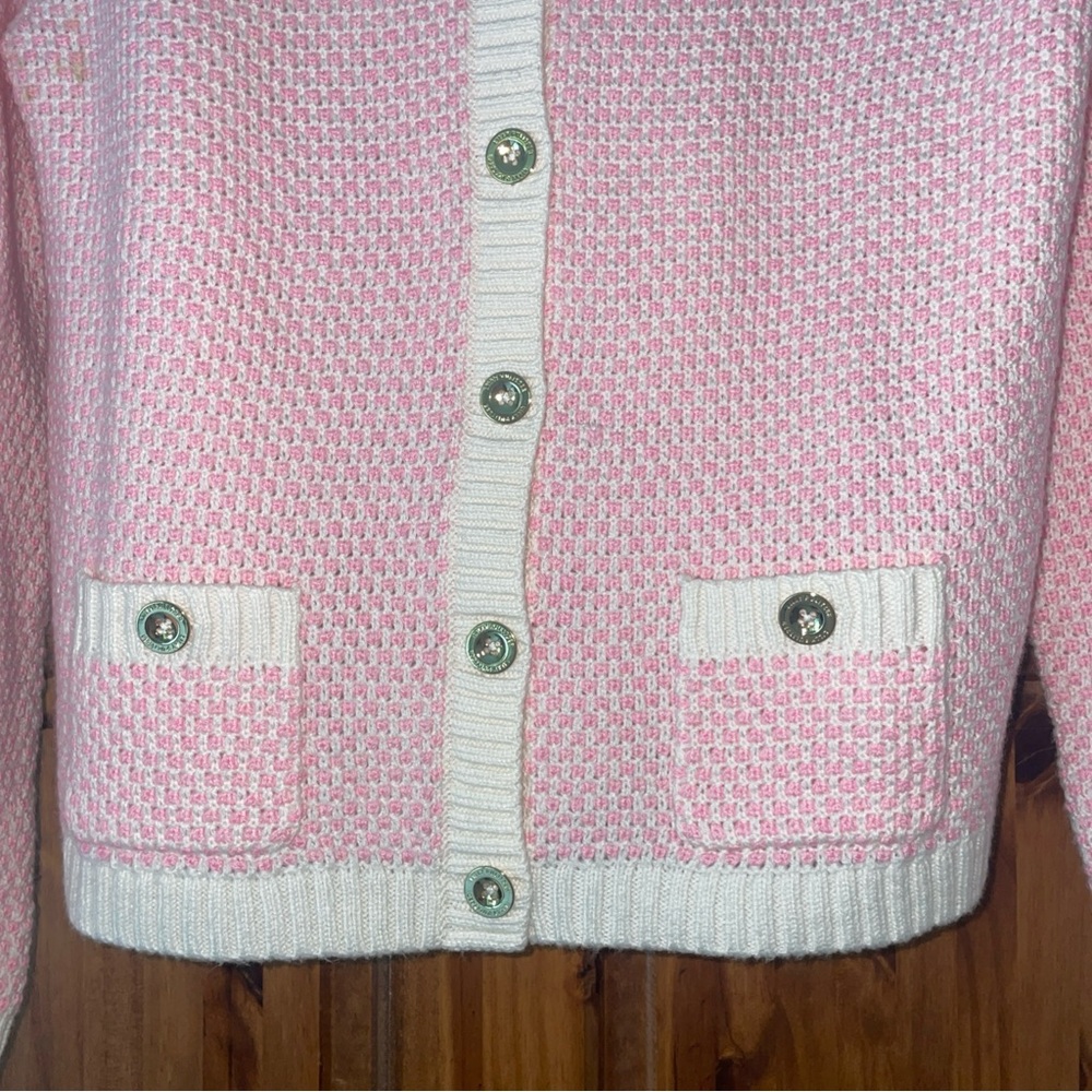 Lilly Pulitzer Cavan Cardigan Woven Knit Red Pink Gold Buttons Pockets Size M - Picture 6 of 11